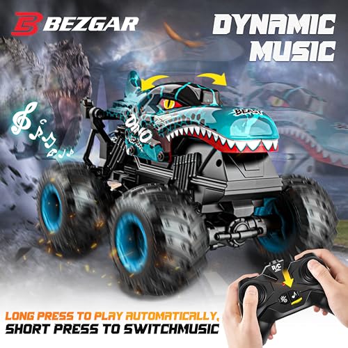 Image of BEZGAR Monster Truck Toys - Remote Control Monster Trucks with Light & Music, Dinosaur Toys for Kids, 1:20 Scale RC Truck with 360 Spins and Drifting, Remote Control Car for Boys with Two Car Shells