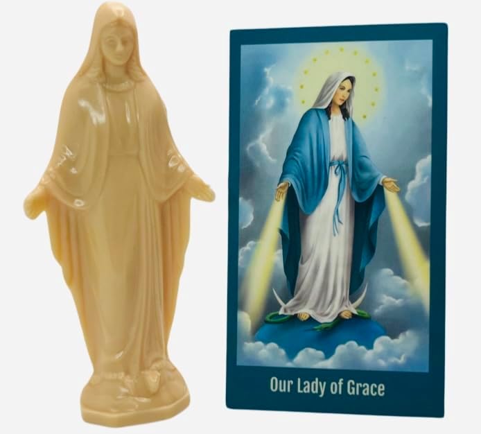 Westmon Works Nuestra Señora de Gracia Mini Estatua de Plástico de 3 Pulgadas y Juego de Tarjetas de Oración Sagrada