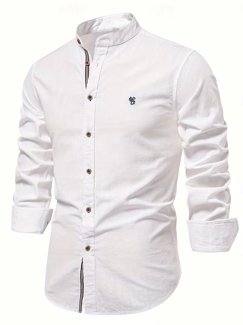 BE ACTIVE Cotone solido da uomo | Colletto alla coreana regolare | Maniche lunghe | Camicia casual vestibilità regolare