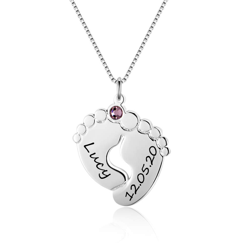Personalised Necklace for Mother 1-4 Custom Baby Feet Pendant Necklace for Mom with Simulated Birthstone Free Engraving Baby Name or Date (silber 1 name)