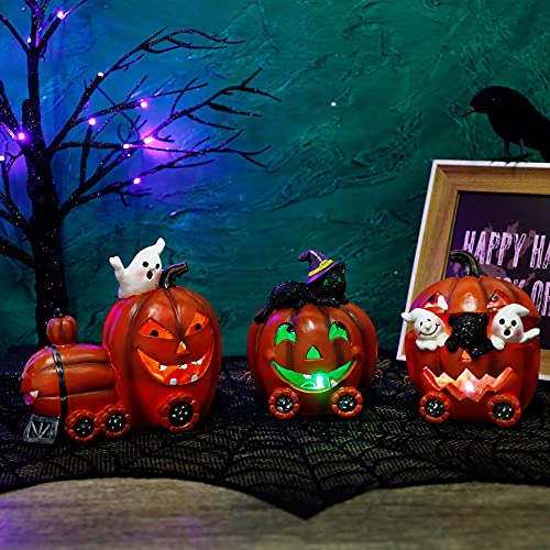 Adroiteet Halloween Tabletop Decorations Resin Pumpkin Carriage Train with Colorful LED Lights, Pumpkin Cart Ghost Black Cat Centerpieces for Table Kitchen Room Office