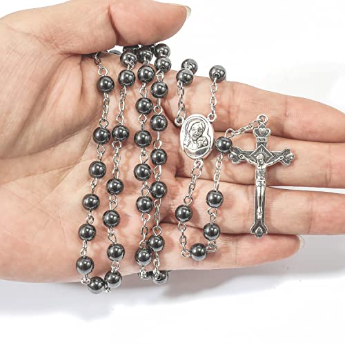 Nazareth Store unisex-adult Hematite Rosary Black Stone Beads Necklace with Jerusalem Holy Soil & Cross Antique Religious Rosaries Beads Collection3