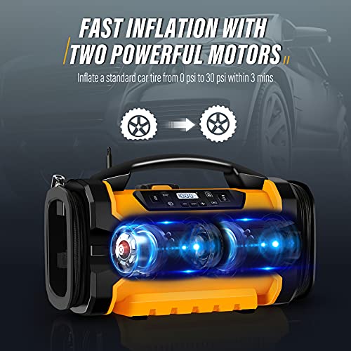Tire Inflator Air compressor Portable, 160 PSI Car Tire Pump with 3 Power Supply (110V AC, 12V DC & 20V Battery), Inflation & Deflation Modes, Dual Powerful Motors, Digital Pressure Gauge, WORKSITE