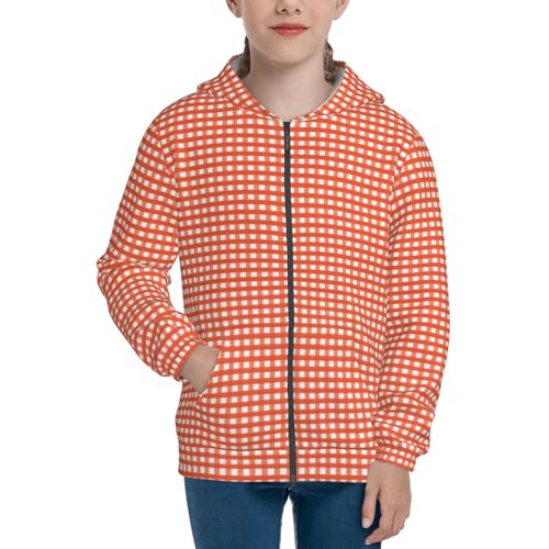 Orange Gingham Kids Pullover Hoodies Boys Zip Up Sweatshirts Girls Athletic Clothes with Pocket3