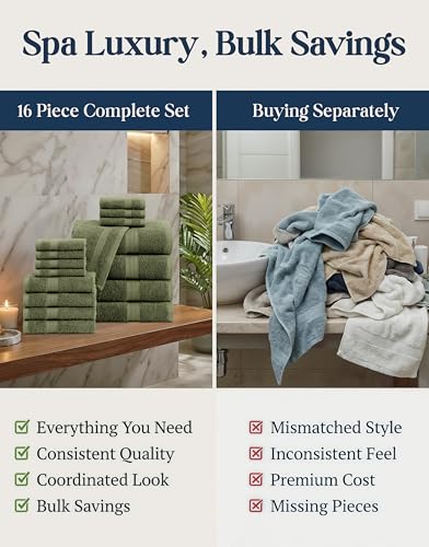 Image of Lane Linen 100% Cotton Luxury Bath Towel Set - 16 Pieces - Ring Spun, Super Soft & Highly Absorbent - 4 Bath, 8 Washcloths, 4 Hand Towels for Bathroom - Minimal Lint & Fading, Pre Shrunk - Olive Green