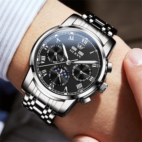 Image of OLEVS Mens Automatic Watch Mechanical Self Winding Luxury Business Dress Moon Phase Stainless Steel Calendar Wrist Watches for Men Waterproof Luminous
