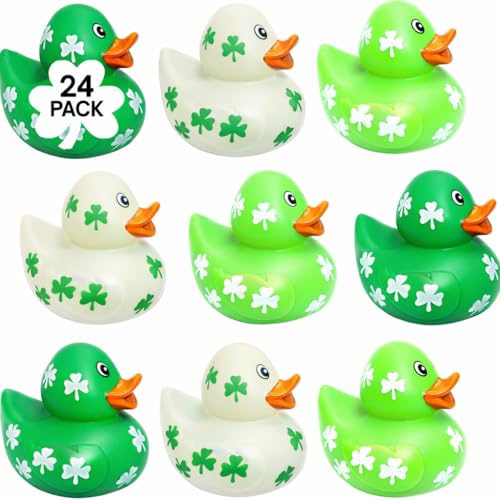24 Pack St Patricks Day Rubber Ducks - 2 inch Shamrock Rubber Duckies Bulk - Saint Pattys Day Irish Gifts for Adults Kids Party Favors Accessories, Jeep Ducking