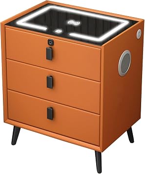 Led Nightstand,Smart Nightstand with Charging Station and LED Lights,Modern Bedside Table with Speaker and Fingerprint Lock,Smart Nightstand with USB Ports for Bedroom,Orange,3