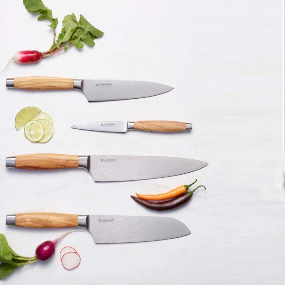 LE CREUSET Santoku Messer, 13 cm 18/8 Damaststahlklinge mit glattem Schliff, Olivenholzgriff, Rostfrei, Braun/Silber, 98000213000200