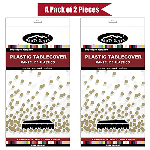 Gold Polka Dots Confetti Plastic Tablecloths 2 Pack White Disposable Table Covers Bridal Shower Party Tablecovers 54 X 108 Inch Table Cloths For Picnic Birthday Wedding Parties 8 Foot Rectangle Table #TOP6