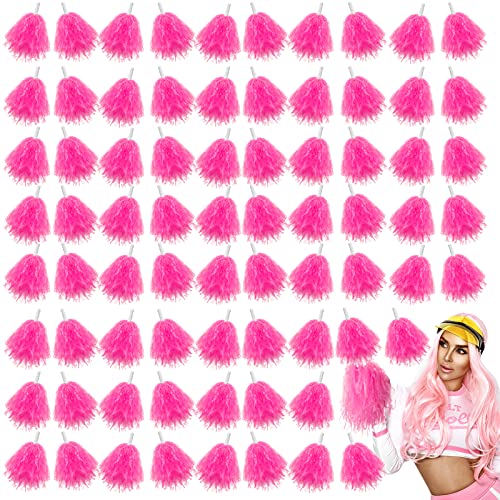 Meooeck 80 Pcs Cheerleading Pom Poms Sports Dance Cheer Pompoms with Handles Plastic Cheerleader Stuff for Sport Gymnastics Adults Cheering Team Party Decorations(Pink)