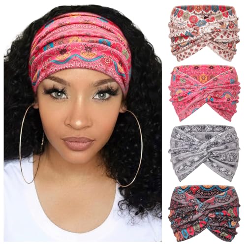 Image of DRESHOW 4 Pack Turban Headbands for Women Wide Vintage Head Wraps Knotted Cute Hair Band Accessories