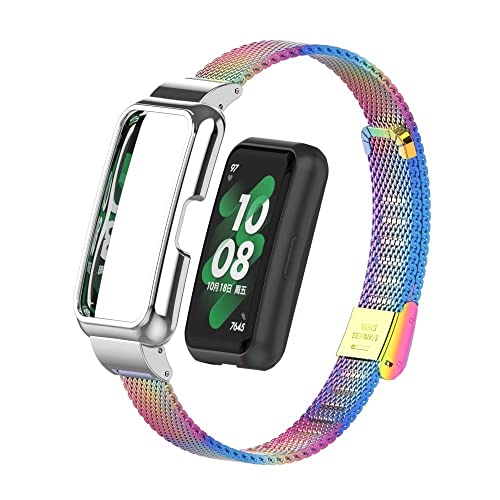 T-BLUER Compatible for Huawei Band 8 Strap,Stainless Steel Metal Replacement Band Bracelet Wristband Accessories with Metal Frame for Huawei Band 7/8/9 Rainbow