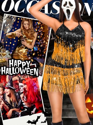 Image of Kaei&Shi Sequin Fringe Romper,Sparkly Glitter Metallic Jumpsuits For Women,Backless Shorts Dress Disco Birthday Dance Outfit