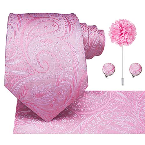 Dubulle Mens Pink Paisely Tie Pocket Square and Lapel Pin for Wedding with Cufflinks
