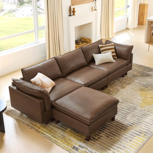 Image of CHITA 127 inch Leather Super Large Sectional Couches for Living Room, Modular Sectional Sofa, Premium Genuine Leather Sofa, Down Filled, High Density Foam, Real Leather in Coffee Brown, 4 Seat L Shaped