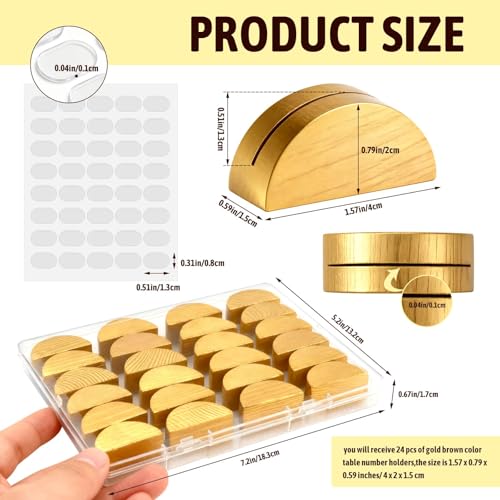 Image of 24Pcs Gold Wood Table Number Stands 1.57 In Wood Place Card Holders | Include Traceless Adhesive Stickers, Semicircular Design Place Card Holders for Wedding, Ceremony, Bi