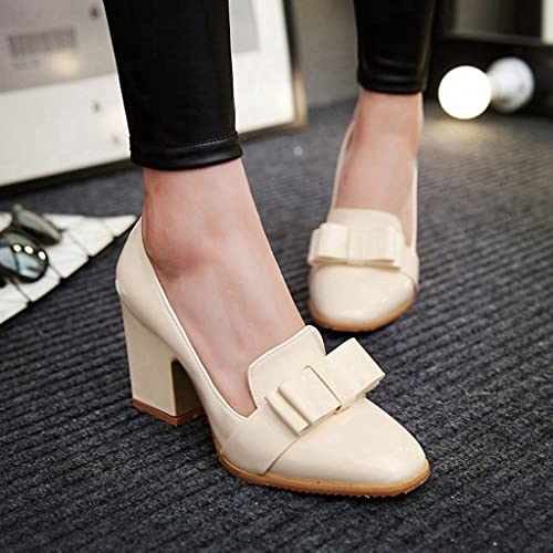 MIOKE Women's Fashion High Chunky Heel Pumps Square Toe Buckle Leather Slip-On Work Office Dress Shoes4