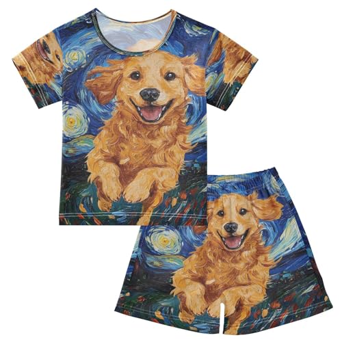 ALAZA Golden Retriever Dog Van Gogh Pajamas Set Short Sleeve Cotton Sleepwear Summer Pjs 2 Piece 5-14Y