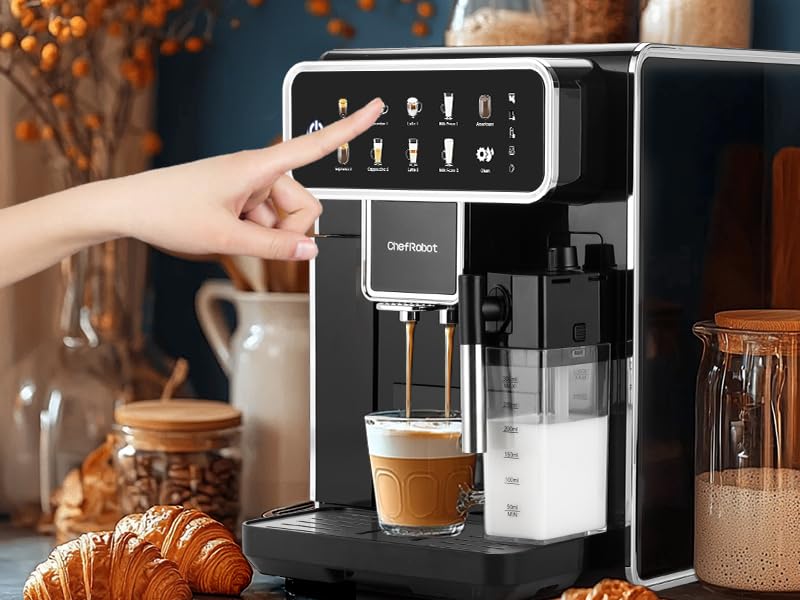 ChefRobot Kaffeevollautomat mit Touchscreen – Espressomaschine mit Milchaufschäumer, 4-stufiger Mahlgrad, 1,5 L Wassertank & Selbstreinigung – für Espresso, Cappuccino, Latte & Americano – Bild 6
