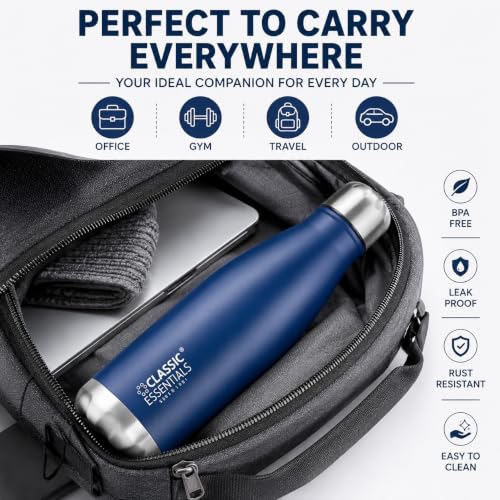 Image of Classic Essentials Insulated Double Wall Stainless Steel Water Bottle 500 ML | 12 Hours Hot & 24 Hours Cold | Vacuum Insulated, Leakproof Bottle for Home, Office, Gym & Travel (Navy Blue)