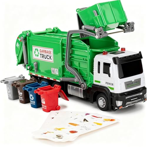 LOVEPOSELY Kids Garbage Recycling Truck Toy, Green Pull-Back Truck Model with Sound & Light, Waste Sorting Learning Cards, Educational Toy, for 3-6 Year Old Boys Girls