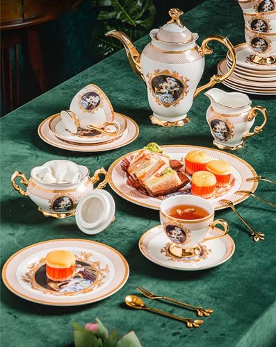 Zestaw filiżanek do kawy z porcelany kostnej – dzbanek do kawy w stylu brytyjskiego pałacu z luksusowymi filiżankami do herbaty, idealne akcesoria kuchenne i prezent ślubny