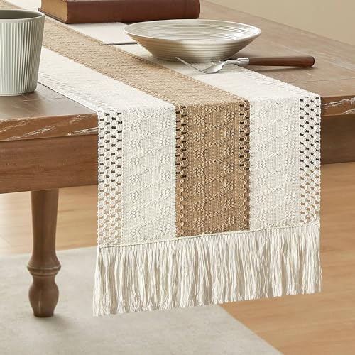 Image of ZeeMart Macrame Style Bicolor Stitching Table Runner, 12 x 72 Inch Brown /Ivory, Boho Neutral Table Runners 72 Inches Long, Farmhouse Woven Home Decor