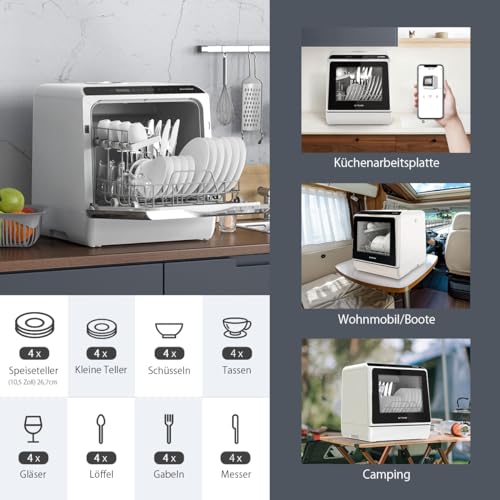 Image of Portable Dishwasher Countertop, WIFI Smart Dishwasher, Compact Mini Dishwashers with 5L Built-in Water Tank, 6 Programs, 360 Dual Spray, High-Temp& Air-Dry Function, Fruit Cleaning
