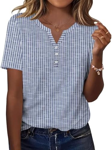 TCOT Womens Shirts Dressy Casual Short Sleeve 2026 Trendy Elegant Loose Casual V Neck Blouses Blue Stripes Tops L