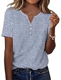 Kistore Tshirt Damen V Ausschnitt Oberteil Elegant Sommer Kurzarm Blusen Lässig T Shirt Locker Luftige Oberteile für Frauen Blauer Streifen XL