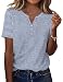 Kistore Top Damen Sommer V-Ausschnitt Knopf Kurzarm T Shirts Lässig Blusen Damen Elegante Oberteile Leicht Tops Blauer Streifen L