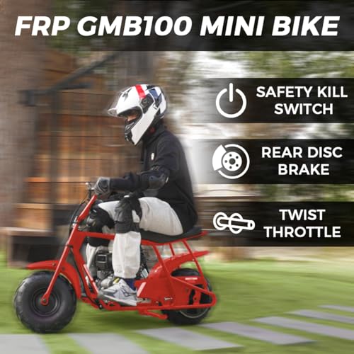 FRP GMB100 Mini Bike, 99 CC 4 Stroke for Adults, 3 HP Gas Powered Dirt Bike, Off Road Motorcycle With LED Headlight and Neck Gaiter, Up to 24 Mph, Weight Support Up to 185 LBS (RED)