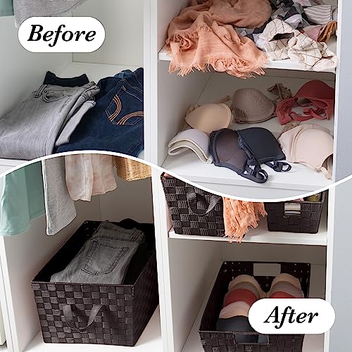 Image of Simplify Small Shelf Woven Strap Tote | Decorative Storage Basket | Built in Handles | Organization | Closet | Bedroom | Bathroom | Nursery | Accessories | Toys | Gifts | 4 Pack | Chocolate