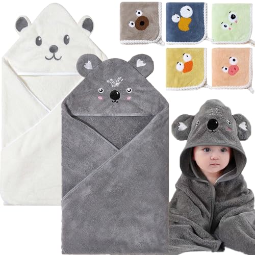 BEFACL 2 Pack Baby Towels with Hood and 5 Baby Washcloths, for Newborn Unisex, 31.5x31.5 in Ultra Absorbent and Soft Cotton Hooded Bath Towel Set Gift for Babies, Infant, Newborn Essential