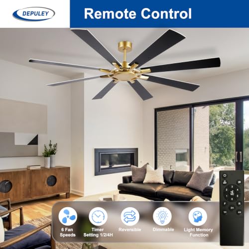 Image of Depuley Ceiling Fan Without Light: 72 Inch Big Indoor Outdoor Fan with Remote Control - Large Farmhouse Black Gold Ceiling Fan no Light 8 Blade Reversible Quiet DC Motor Memory Function Timer