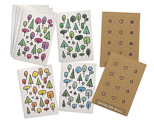 Seasonal Geometric Forest Note Cards Pack - Collection Set of 24 Blank All Occasion Cards with Envelopes & Kraft Seals - Winter Spring Summer Fall