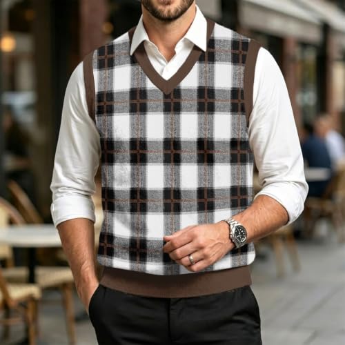 Christmas Sweater Vest Men V Neck Plaid Knit Lightweight Pullover Sweater - image 2
