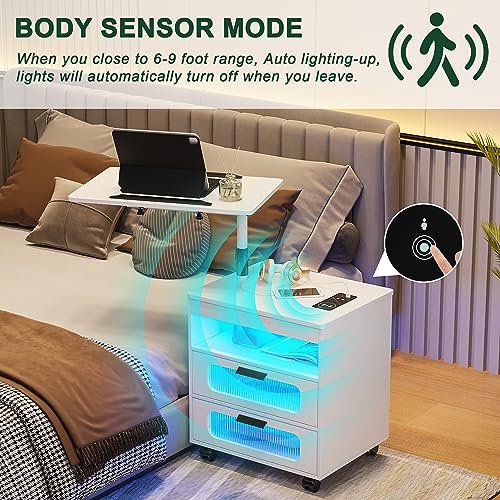 HNEBC Nightstand with Wireless Charging Station, LED Nightstand Has Adjustable Rotary Workstation,Smart Night Stand with 2 Drawers,Modern Bedside Table for Bedroom, Sensor Light/Wheel (White) - Thumbnail 5