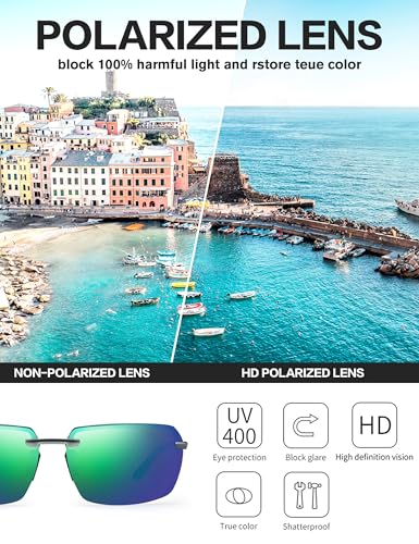 Image of BIRCEN Mens Polarized Sunglasses for Driving: Rimless UV Protection Sun Glasses with Al-Mg Frame for Fishing Traveling Golf