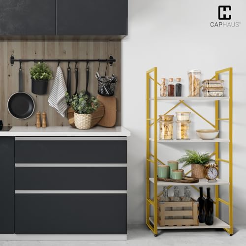 Image of CAPHAUS 4 Tier Bookshelf, 24 Inch Width Free Standing Shelf, Bookcase Shelf Storage Organizer, Industrial Book Shelves for Home Office, Living Room, Kitchen, White Wooden Shelves & Gold Frame
