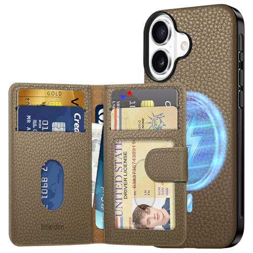 Étui iPhone 16 Shieldon cuir kaki idéal pour vos déplacements quotidiens sans sac