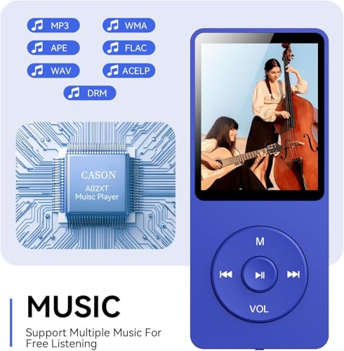 Image of Cason 16GB Mini MP3 Music Player with Bluetooth 5.4, Video Playback & Voice Control Earphones,Pocket-Sized MP3 Player for Music,Voice Recording,FM Radio -Expanded Up to 128GB (Blue)