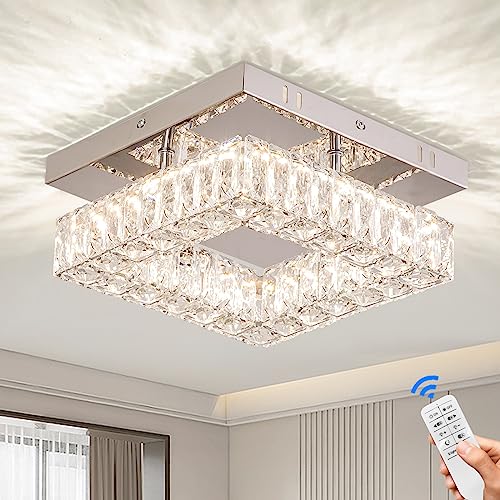 Cainjiazh Crystal LED Ceiling Light Modern Crystal Chandelier Square Lamp K9 Stainless Steel Flush Mount Chandelier for Living Room Bedroom Dining Room (Dimmable)