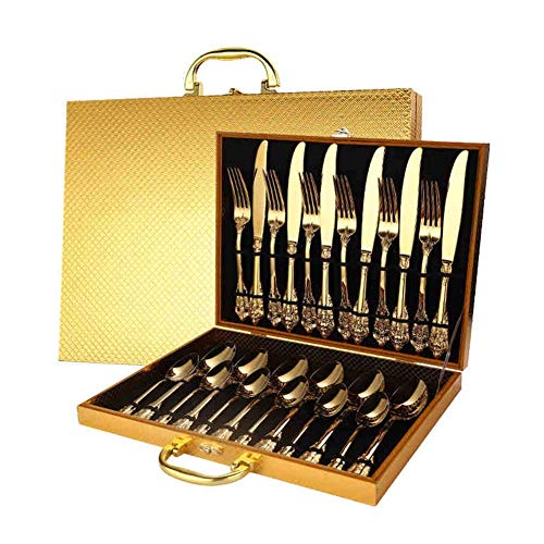 QNDUGJFER Stainless Steel Tableware Cutlery Set, Cutlery Set with Golden Suitcase Elegant Carved Stainless Steel Flatware Set Knife Fork Spoon Mirror Polished (Gold 24 piece)