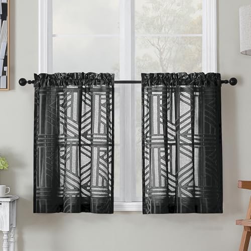 Simplebrand Semi Sheer Black Curtains 30 Inch Length 2 Panels, Geometric Jacquard Clip Textured Short Sheer Curtains for Bedroom?Modern Elegant Window Curtains Panels/Drapes/Treatment, 28x30 inch