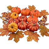 Realistic Mini Pumpkin Decor Indoor 16PCS Artificial Pumpkins for Fall Decorations for Home Fall Centerpieces for Tables Outdoor Thanksgiving Halloween Party/Berries Maple Leaf Autumn Fillers decor