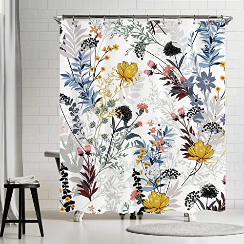 VEGA U Duschvorhang mit Blumenmuster für Badezimmer, Landhaus und rustikal, große Blumenmotiv, Baddekoration mit Haken, 183 x 183 cm Cover