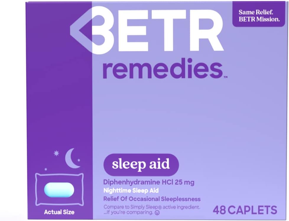 BETR REMEDIES Sleep Aid - Diphenhydramine HCI 25 mg - Non Habit Forming Sleep Aid - #1 Doctor Recommended Sleep Aid for Occasional Sleeplessness - Safe Sleeping Pills for Adults - 48 Caplets