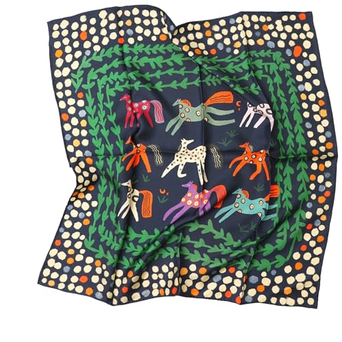 Prettystern Foulard femme en soie crêpe satin 65x65 cm, carré en soie aux bords roulottés main, bleu navy, motif folklore chevaux, 48B
